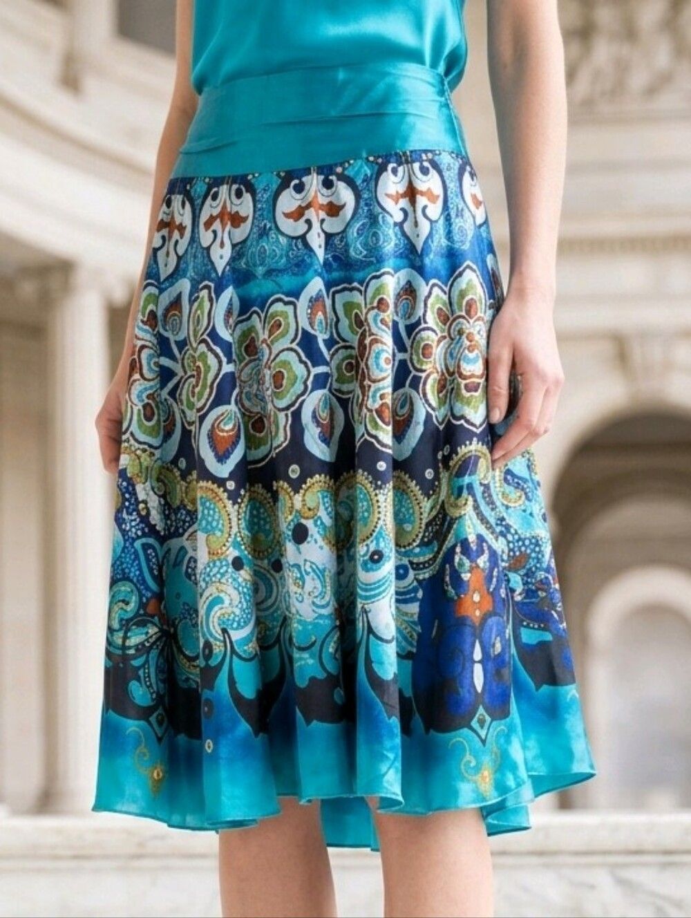 Turquoise Floral Satin Skater Skirt Circular Twirl Knee Length Statement Juniors